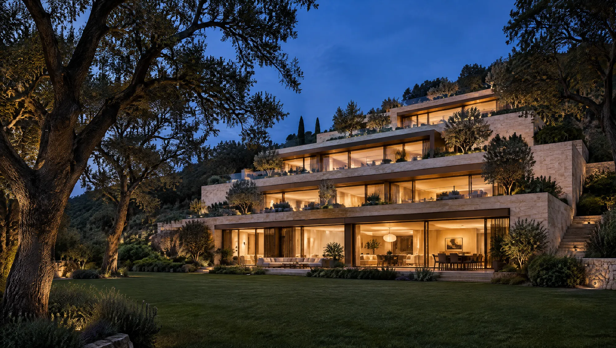 The residences lit at dusk
