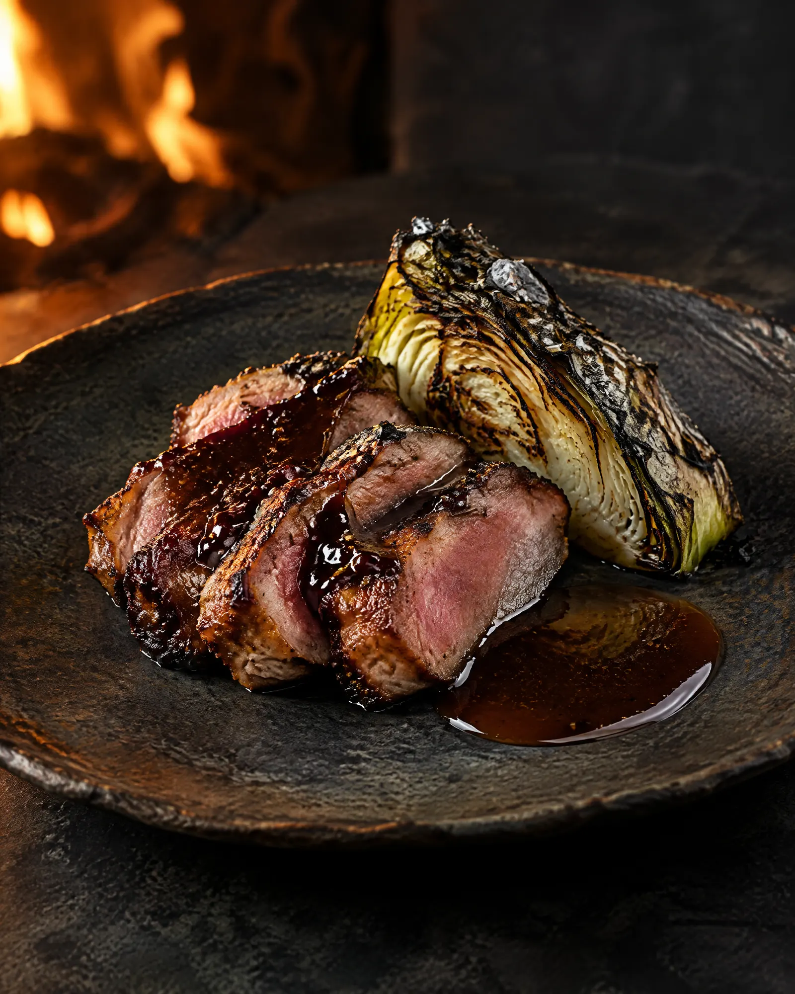 Mangalica neck, plum, cabbage cooked in ash